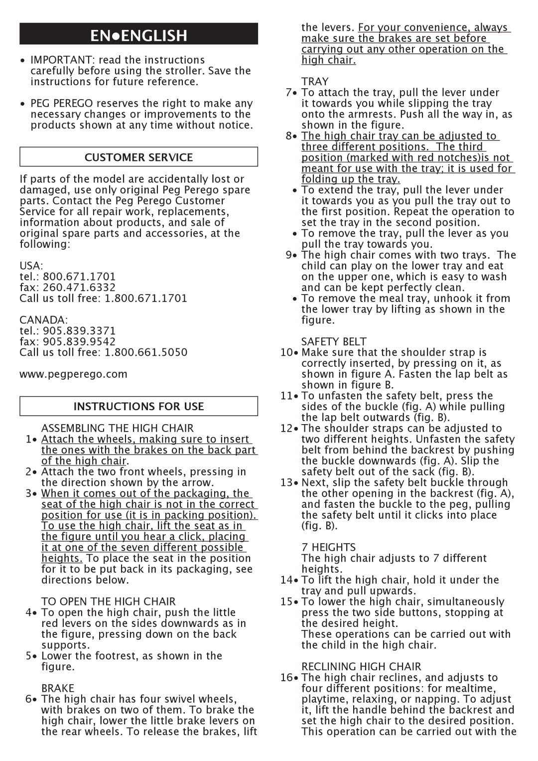 Peg-Perego FINA0601I60 manual Customer Service, Instructions for USE 