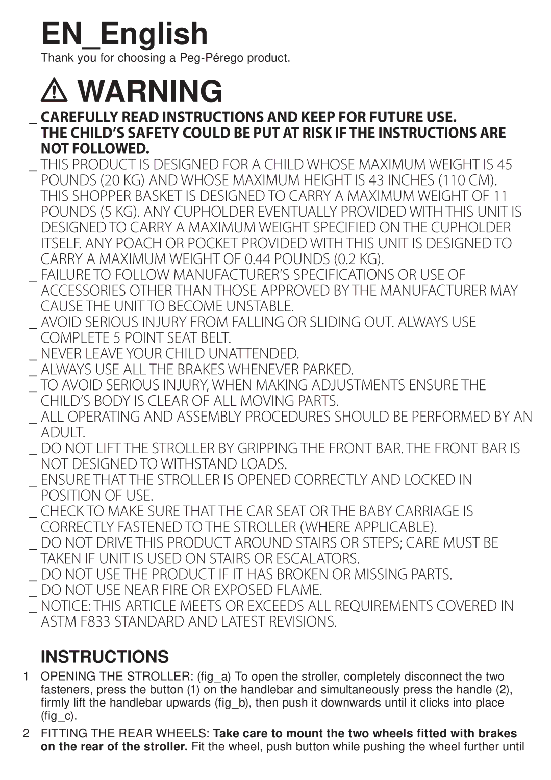 Peg-Perego FINA0703 manual ENEnglish, Instructions 