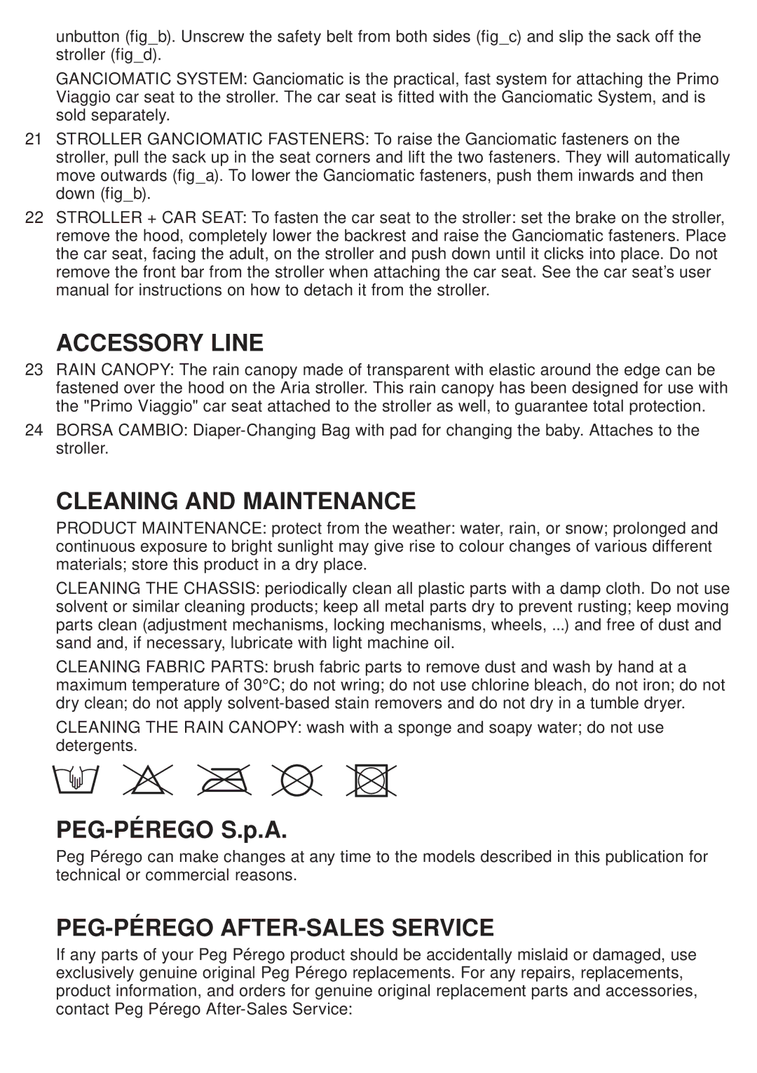 Peg-Perego FINA0703 manual Accessory Line, Cleaning and Maintenance, PEG-PÉREGO AFTER-SALES Service 