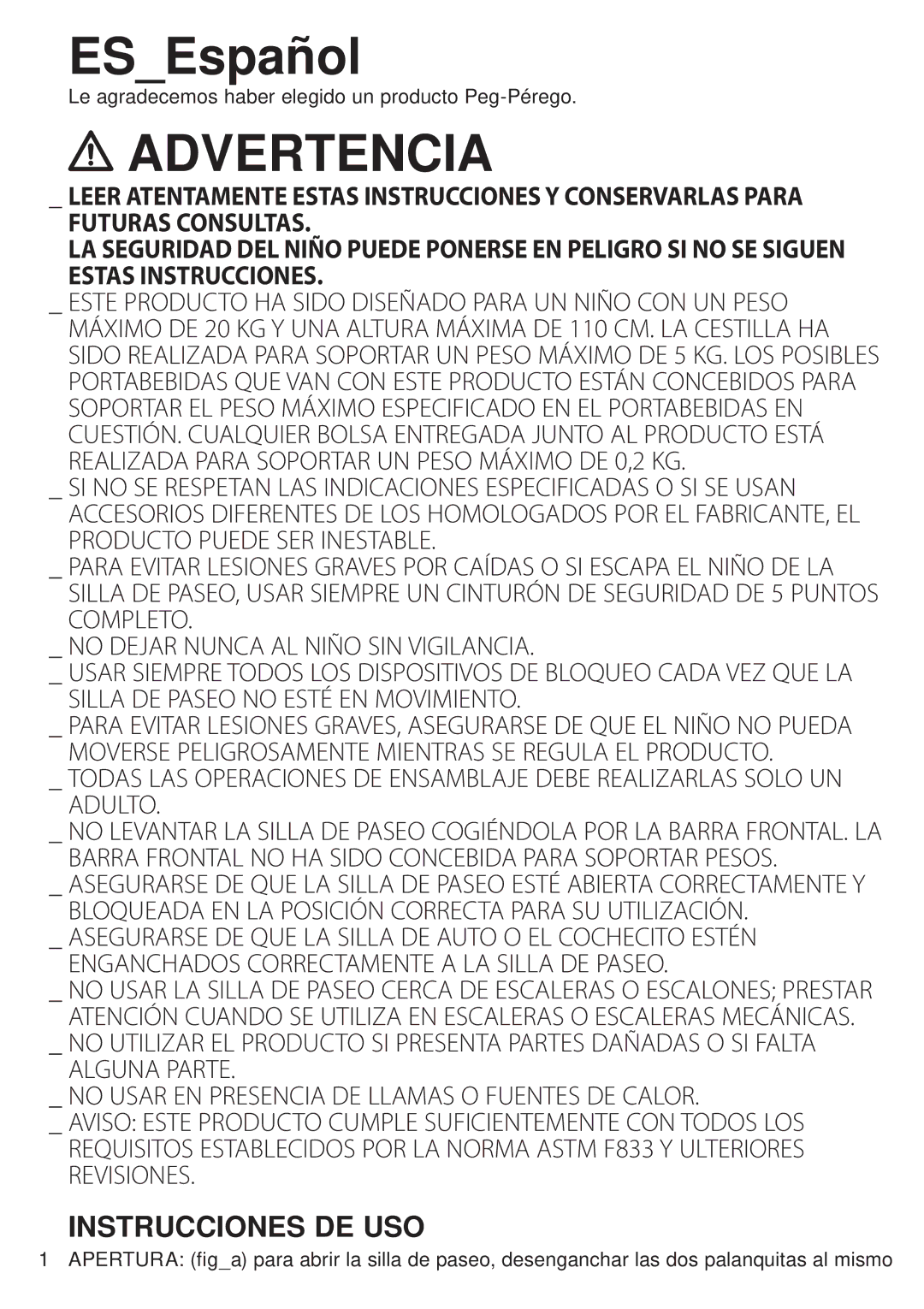 Peg-Perego FINA0703 manual Advertencia, Instrucciones DE USO 