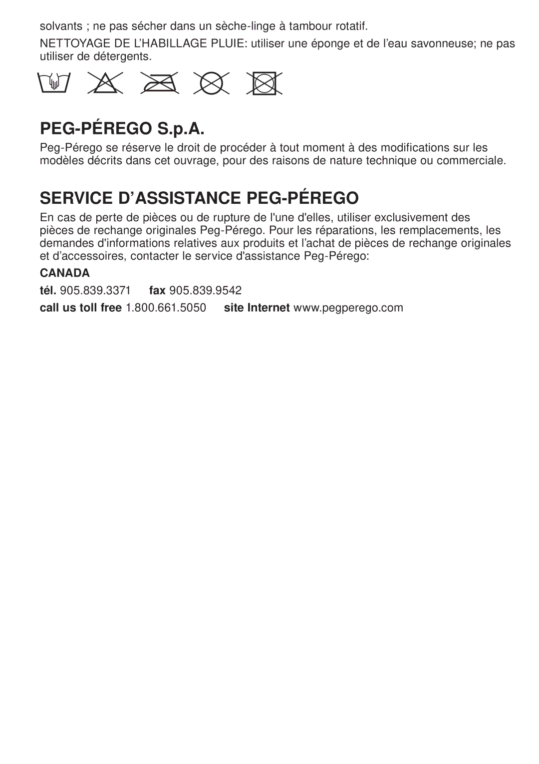 Peg-Perego FINA0703 manual Service D’ASSISTANCE PEG-PÉREGO 