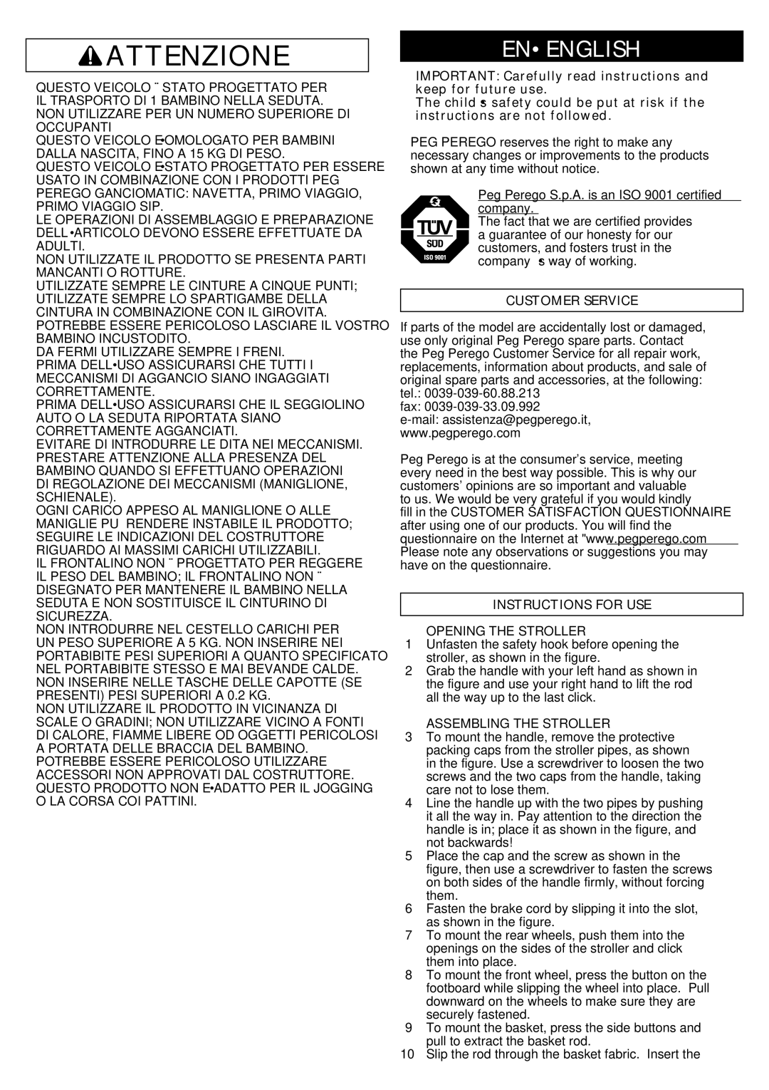 Peg-Perego GT3 manual Attenzione, Enenglish, Customer Service, Instructions for USE 