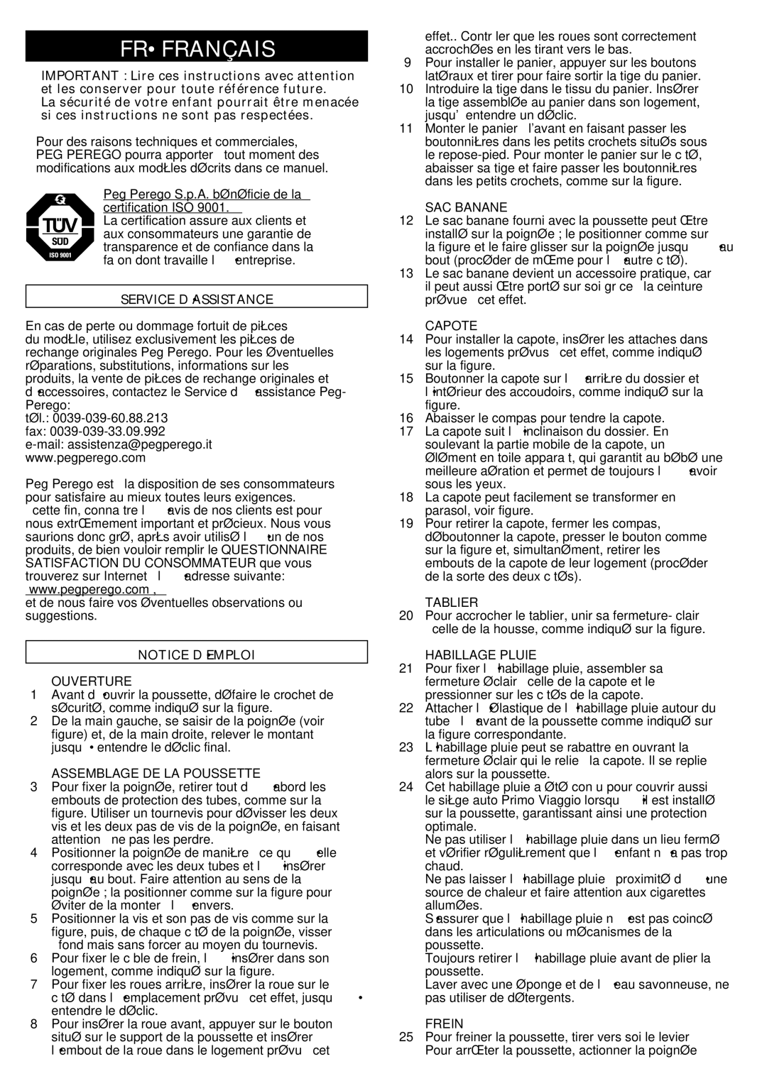 Peg-Perego GT3 manual Frfrançais, Service DʼASSISTANCE 