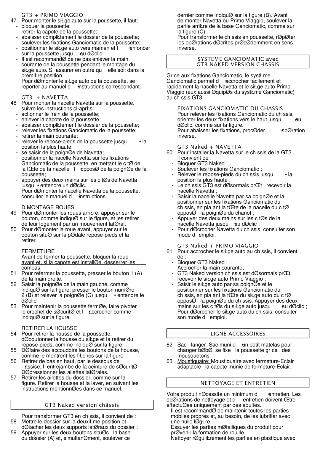 Peg-Perego manual GT3 Naked Version Chassis, Fixations Ganciomatic DU Chassis, Ligne Accessoires, Nettoyage ET Entretien 