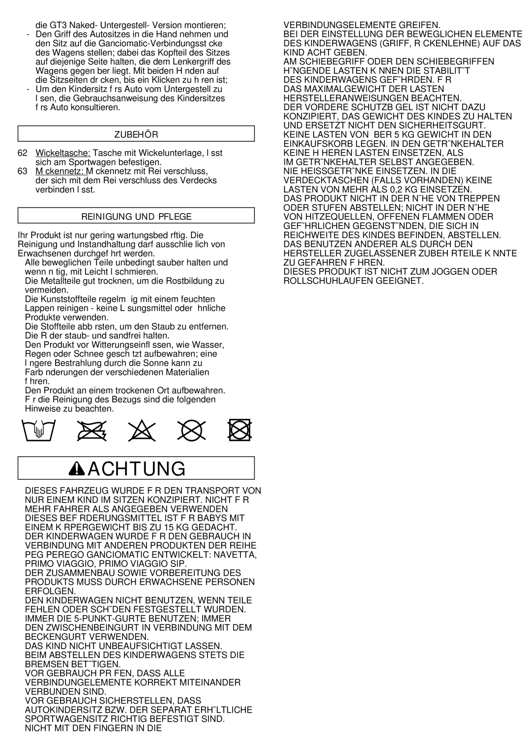 Peg-Perego GT3 manual Achtung, Zubehör, Reinigung UND Pflege 