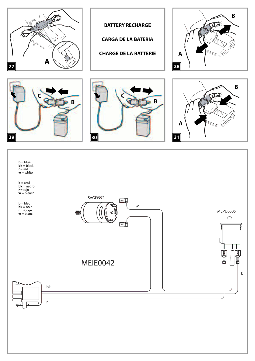 Peg-Perego IGED1061 6V manual MEIE0042, Battery Recharge Carga DE LA Batería Charge DE LA Batterie 