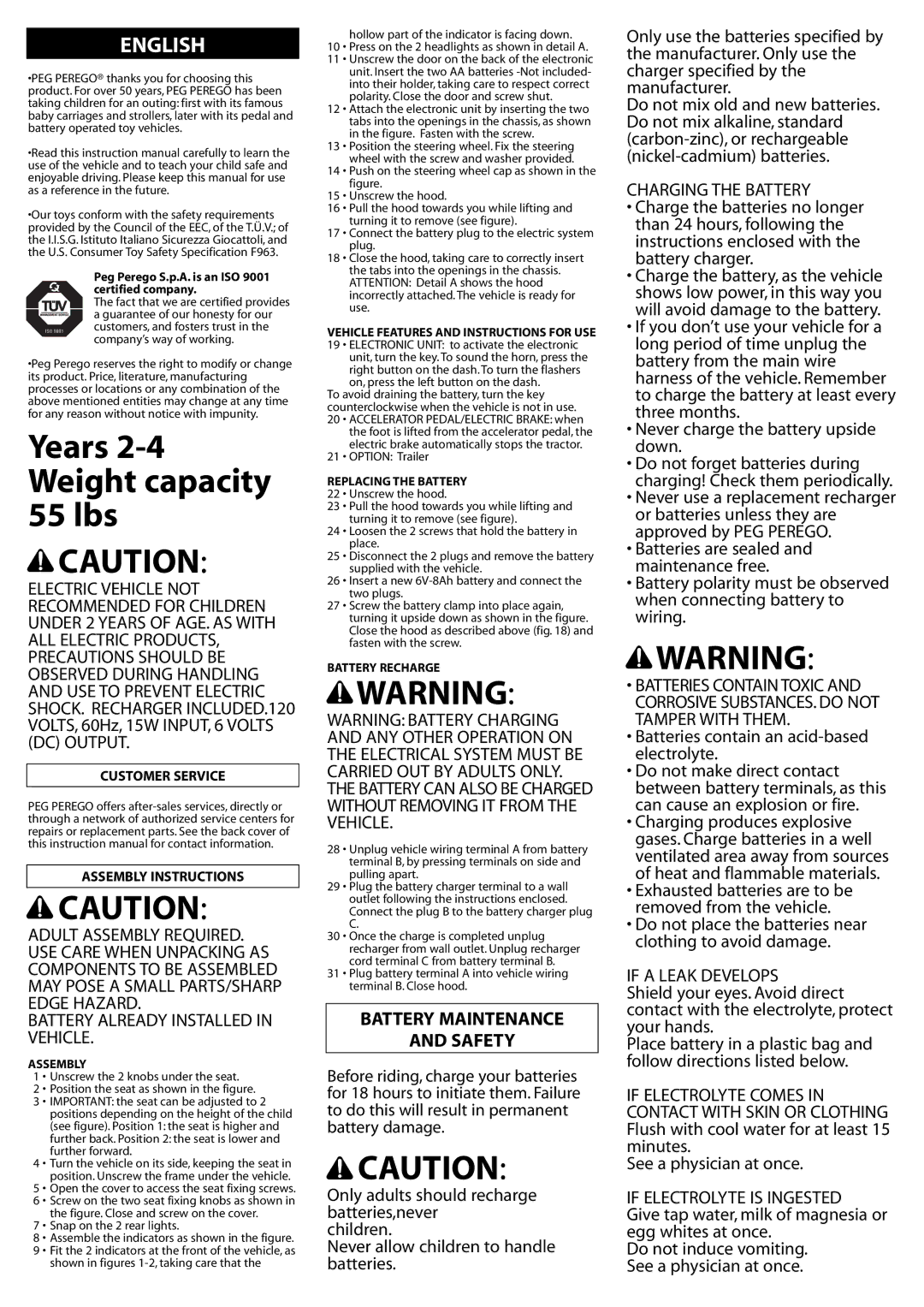 Peg-Perego IGED1061 6V manual Battery Maintenance Safety, Battery Already Installed in Vehicle, Charging the Battery 