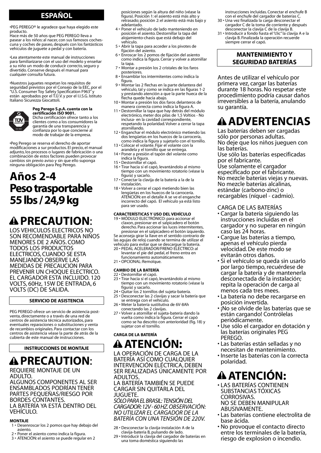 Peg-Perego IGED1061 6V manual Años, Precaution, Atención, Advertencias, Peso trasportable 55 lbs / 24,9 kg, Español 