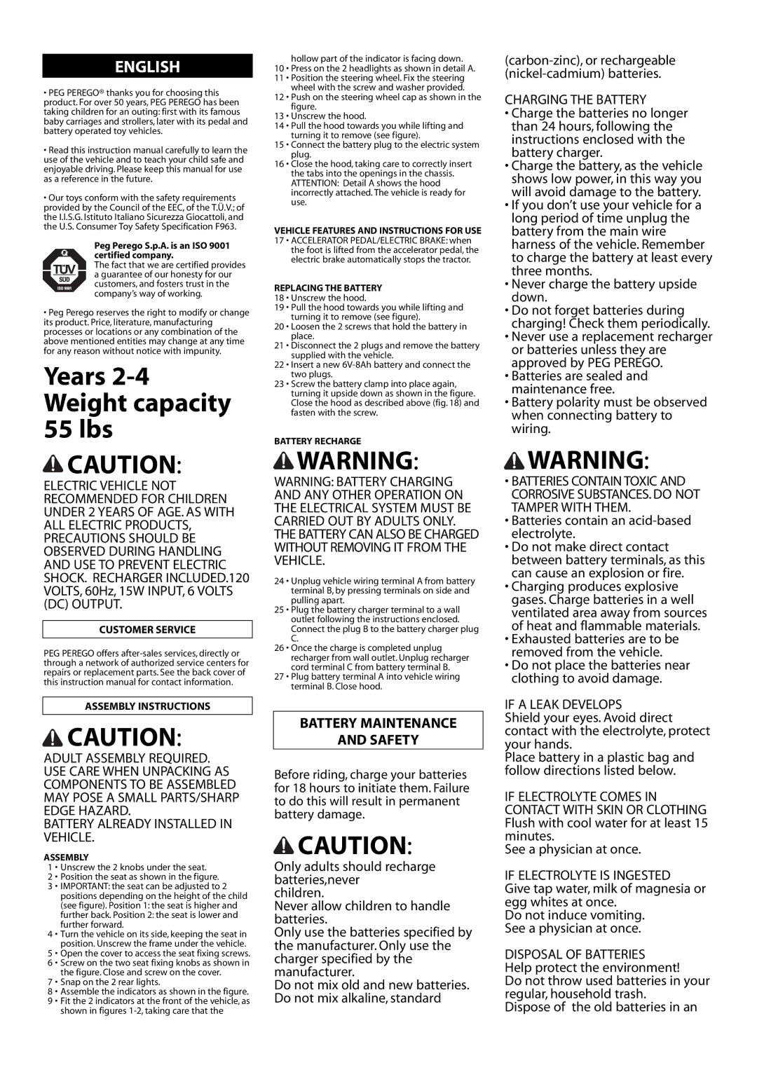 Peg-Perego IGED1068 manual English, Battery Maintenance Safety 