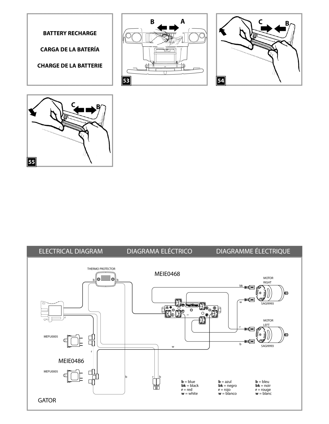 Peg-Perego IGOD0051 Electrical Diagram Diagrama Eléctrico, Battery Recharge Carga DE LA Batería Charge DE LA Batterie 