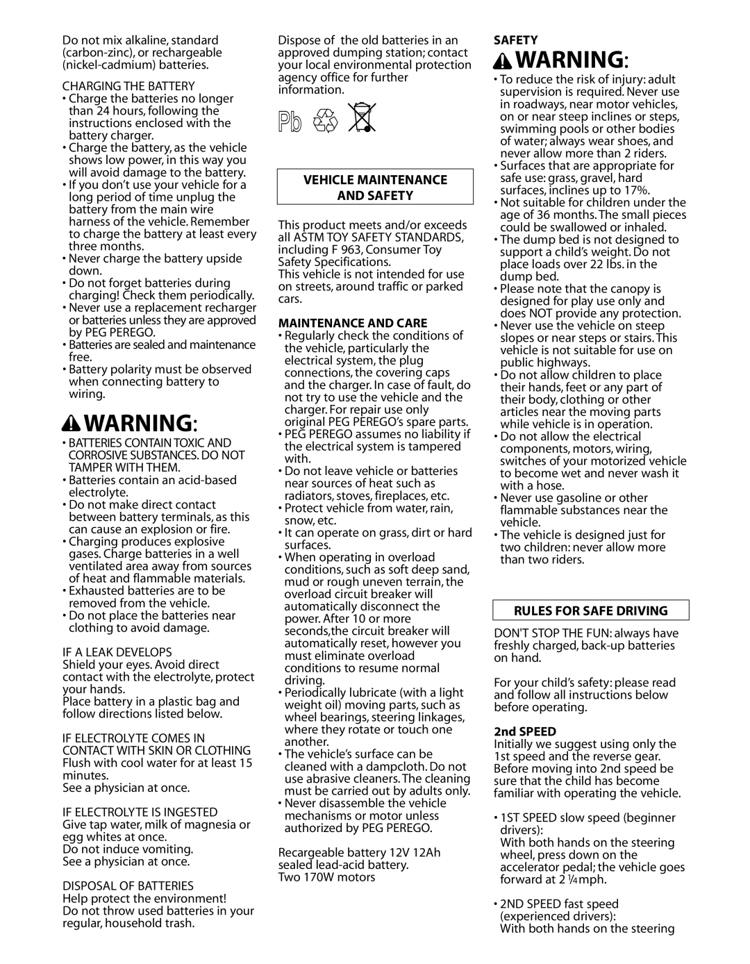 Peg-Perego IGOD0051 manual Vehicle Maintenance Safety, Rules for Safe Driving 