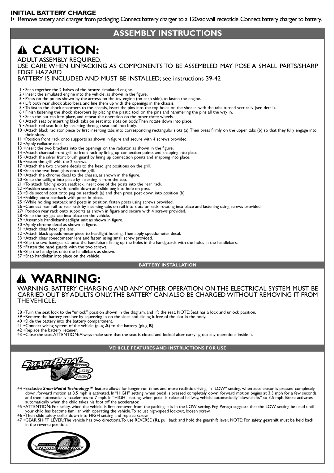 Peg-Perego IGOD0515 manual Assembly Instructions, Initial Battery Charge, Battery Installation 