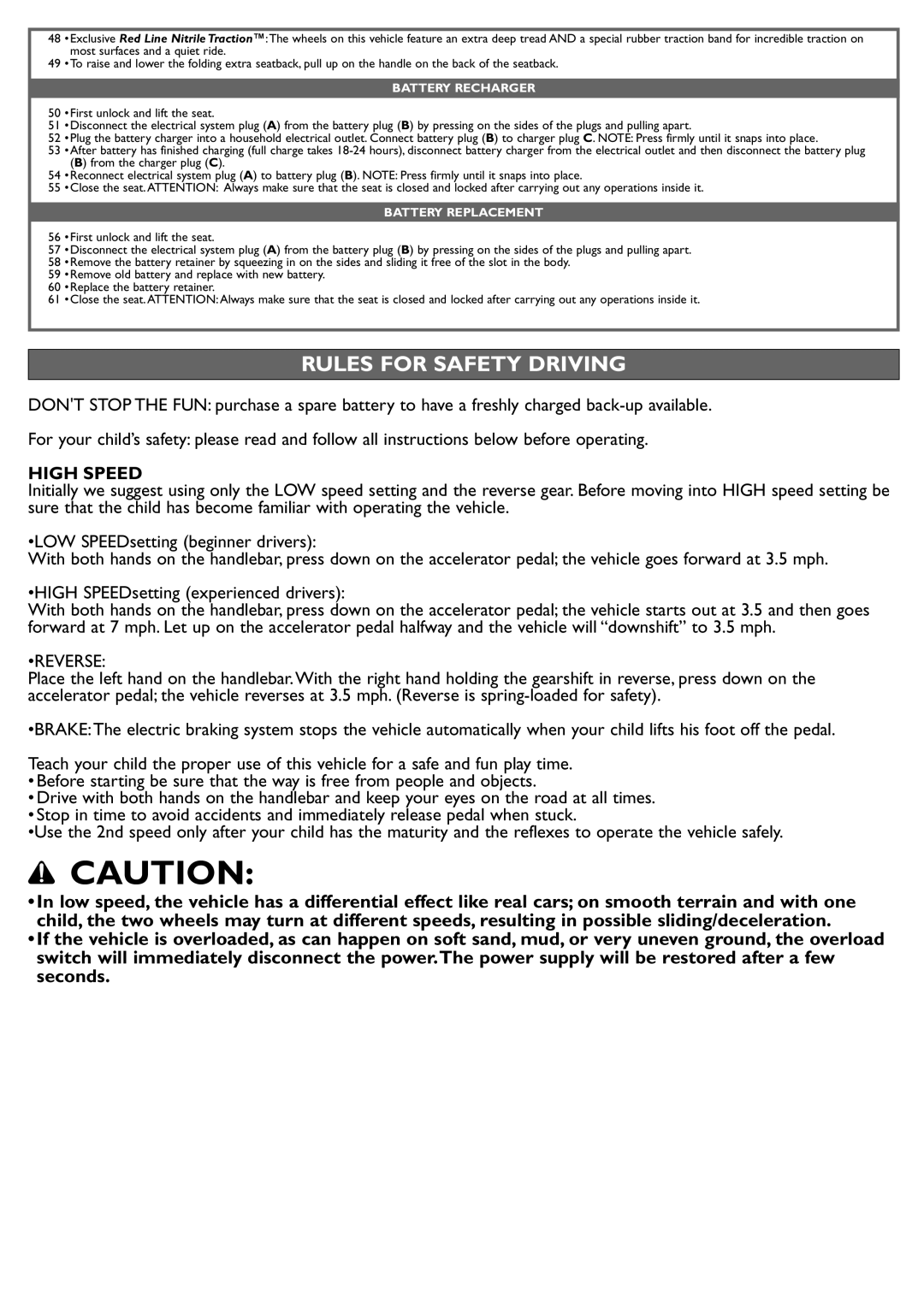 Peg-Perego IGOD0515 manual Rules for Safety Driving, High Speed, Reverse, Battery Recharger, Battery Replacement 