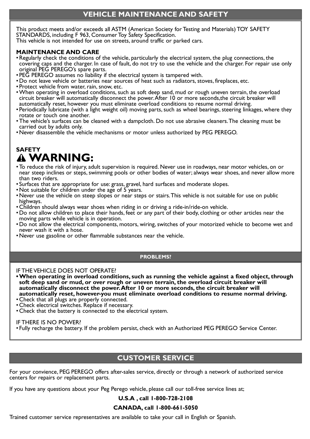 Peg-Perego IGOD0515 manual Vehicle Maintenance and Safety, Customer Service, Maintenance and Care 