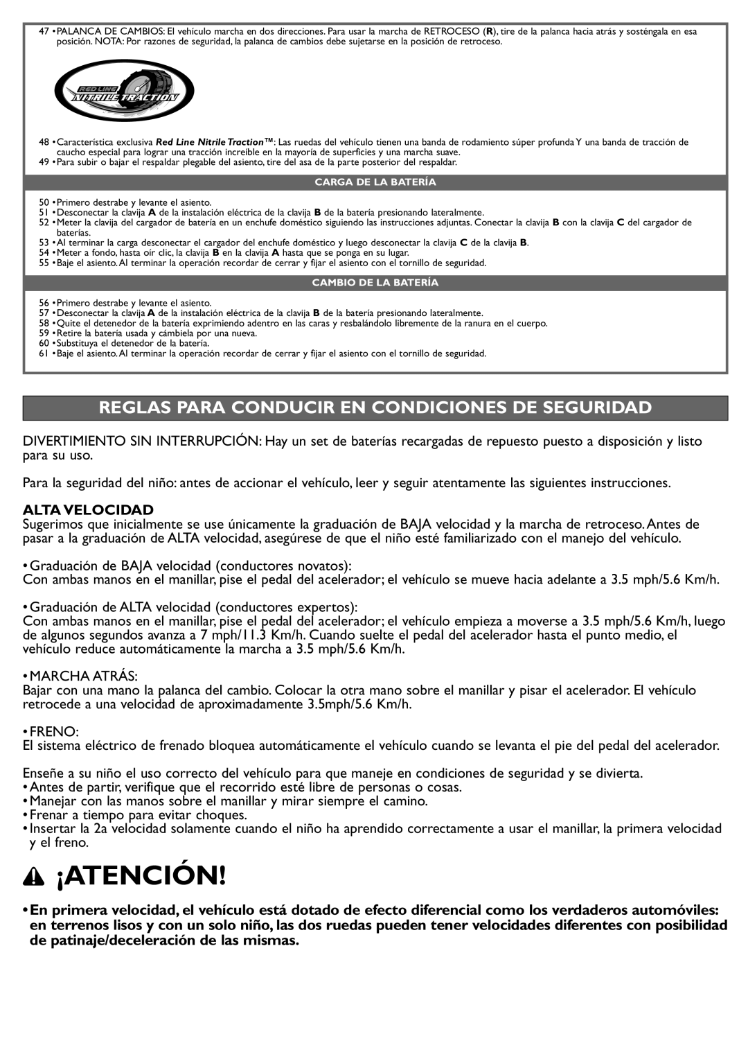 Peg-Perego IGOD0515 manual ¡Atención, Reglas Para Conducir EN Condiciones DE Seguridad, Alta Velocidad, Marcha Atrás, Freno 