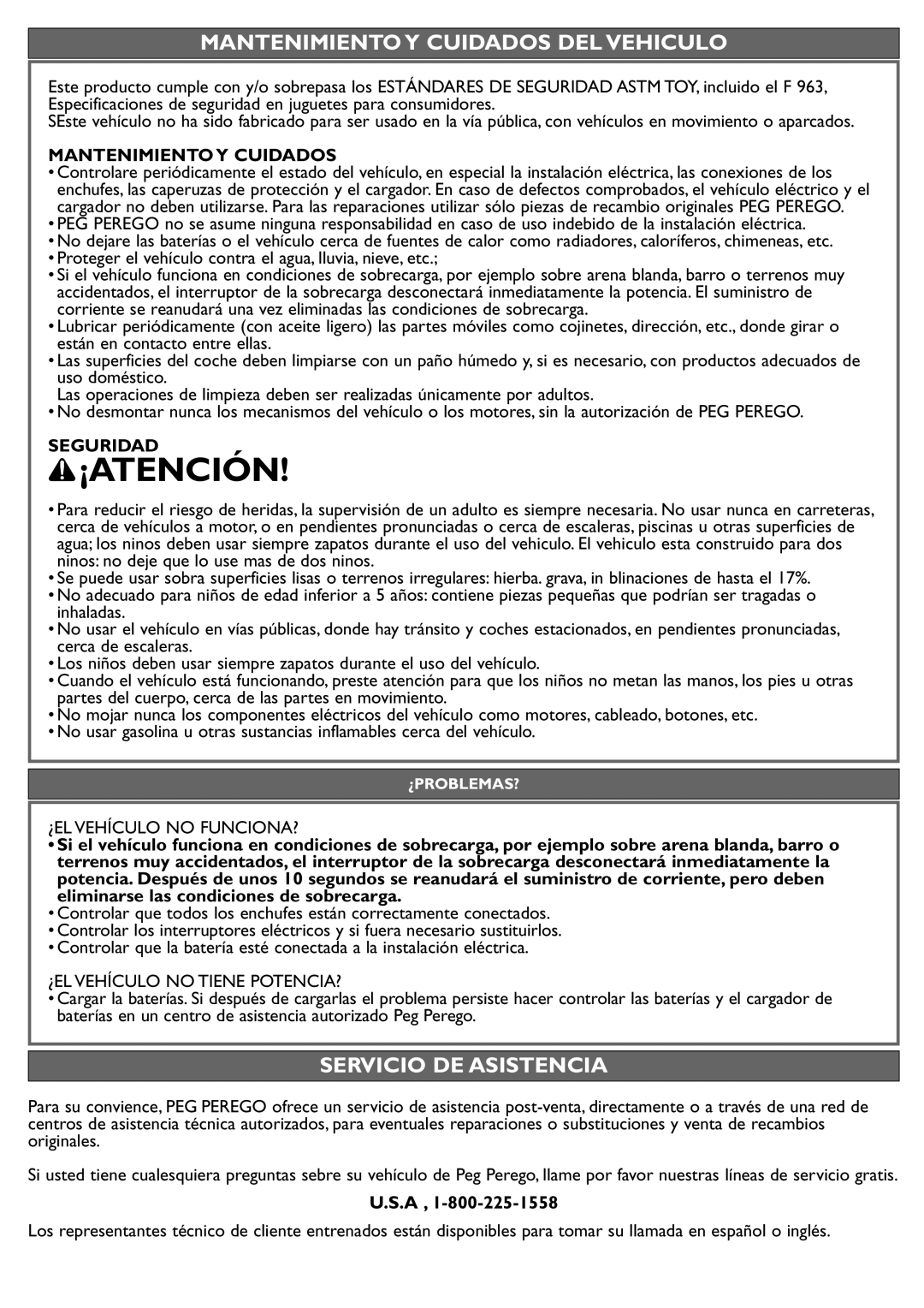 Peg-Perego IGOD0515 manual Mantenimiento Y Cuidados DEL Vehiculo, Servicio DE Asistencia, Seguridad 