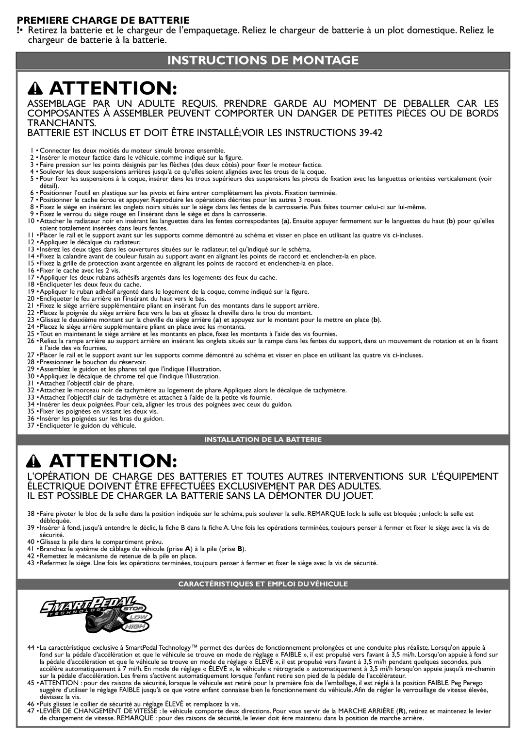 Peg-Perego IGOD0515 manual Instructions DE Montage, Premiere Charge DE Batterie, Installation DE LA Batterie 