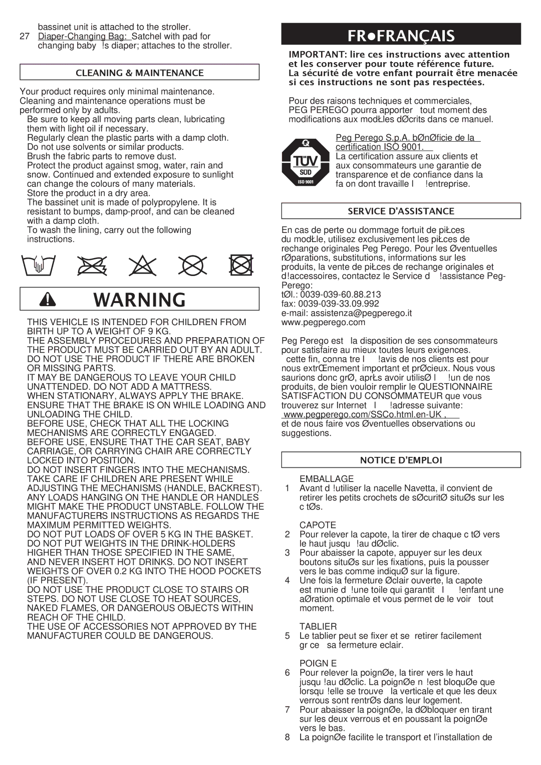 Peg-Perego Navetta S manual Frfrançais, Cleaning & Maintenance 
