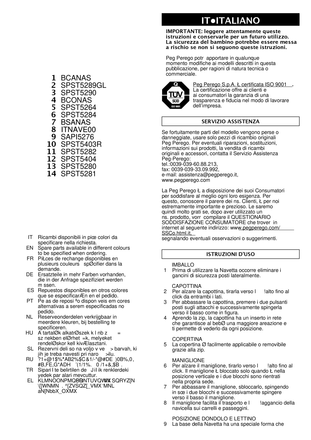 Peg-Perego Navetta S manual Ititaliano, Servizio Assistenza 