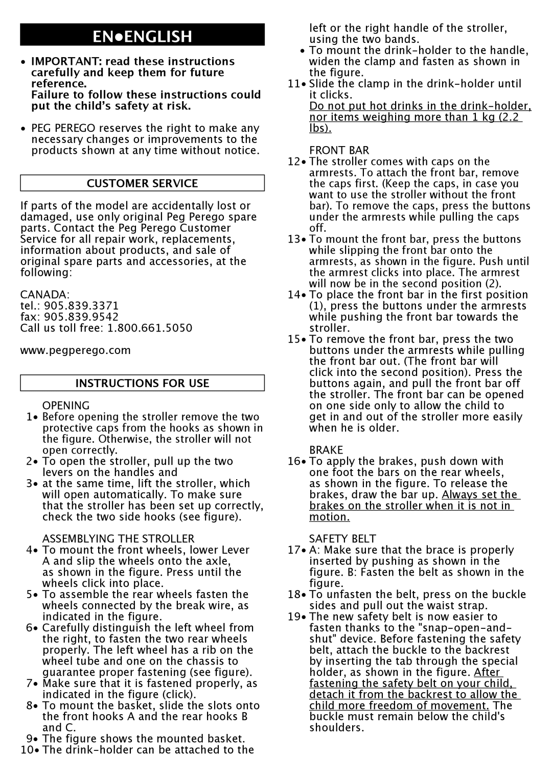 Peg-Perego P3 manual Customer Service, Instructions for USE 