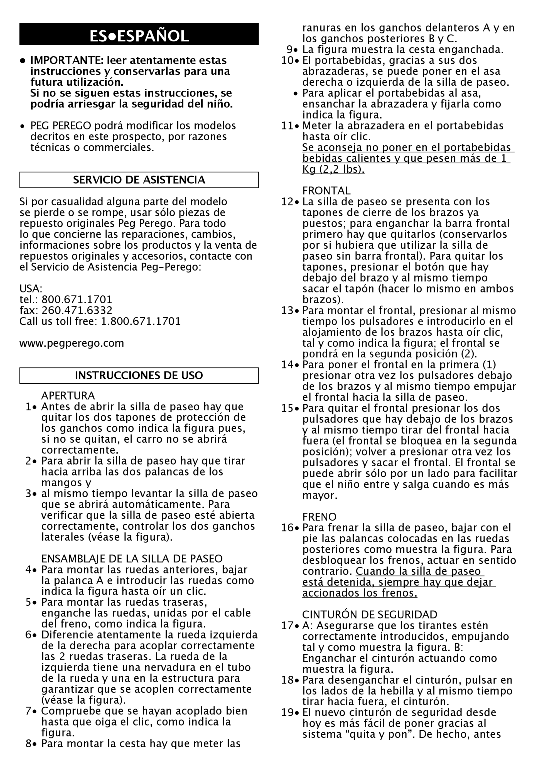 Peg-Perego P3 manual Servicio DE Asistencia, Instrucciones DE USO 