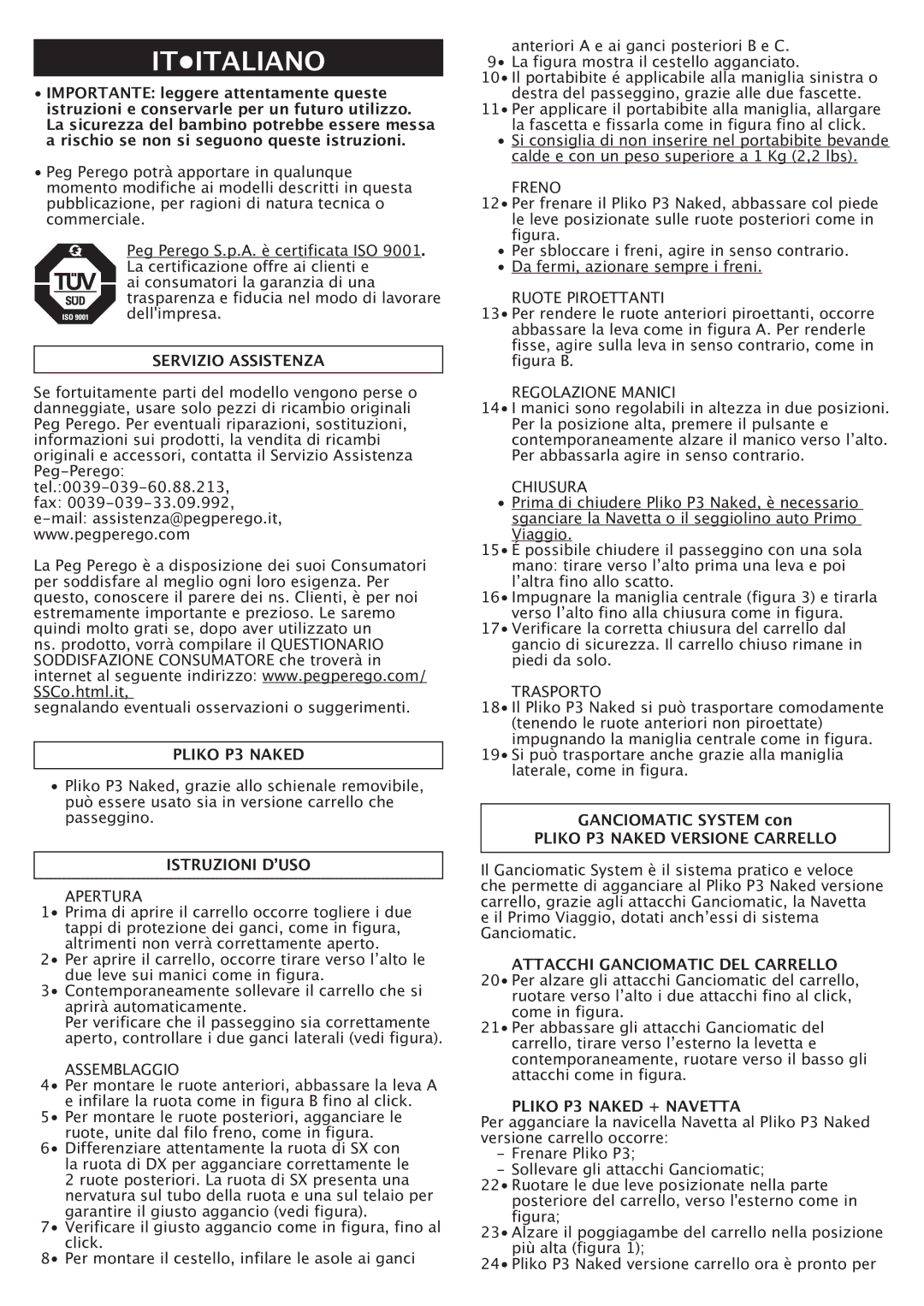 Peg-Perego manual Ititaliano, Servizio Assistenza, Pliko P3 Naked Versione Carrello, Pliko P3 Naked + Navetta 