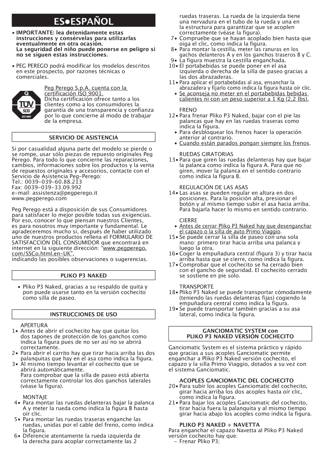 Peg-Perego manual Esespañol, Servicio DE Asistencia, Instrucciones DE USO, Pliko P3 Naked Versión Cochecito 