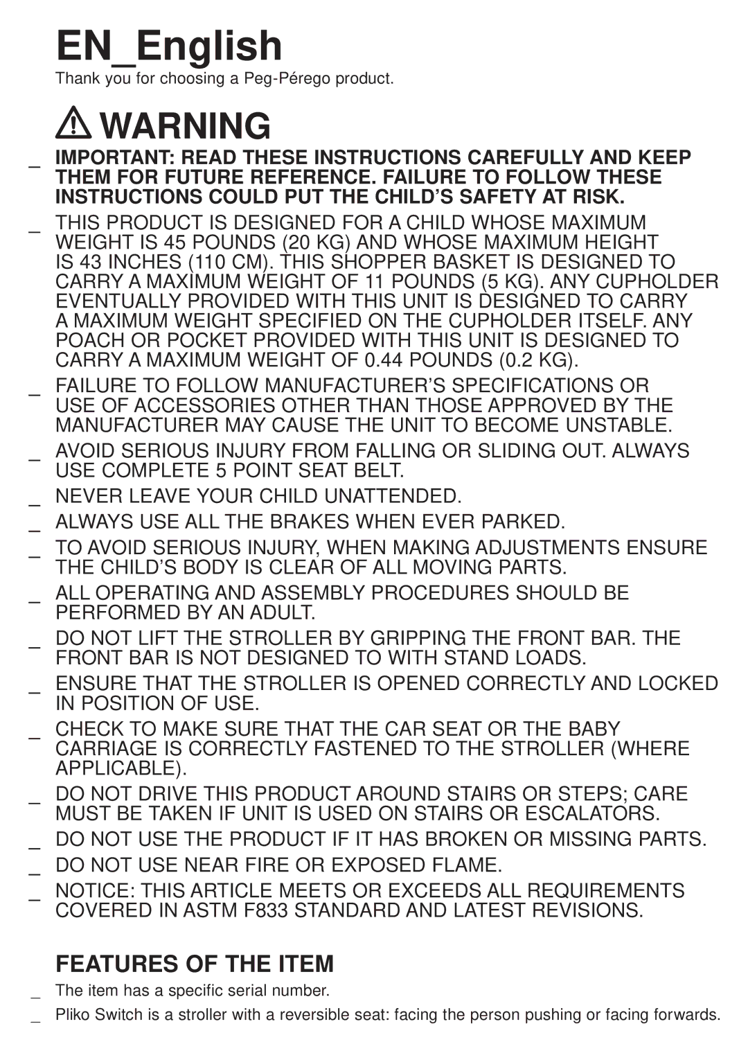 Peg-Perego Pliko Switch manual ENEnglish, Features of the Item 