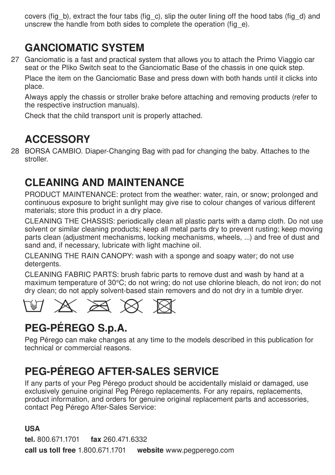 Peg-Perego Pliko Switch manual Ganciomatic System, Accessory, Cleaning and Maintenance, PEG-PÉREGO AFTER-SALES Service 