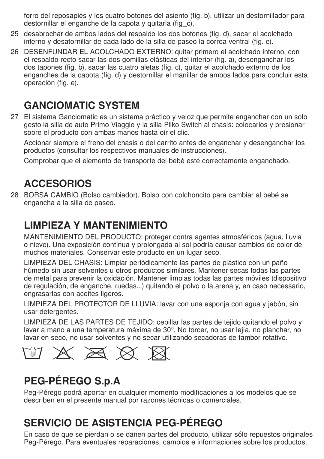 Peg-Perego Pliko Switch manual Accesorios, Limpieza Y Mantenimiento, Servicio DE Asistencia PEG-PÉREGO 