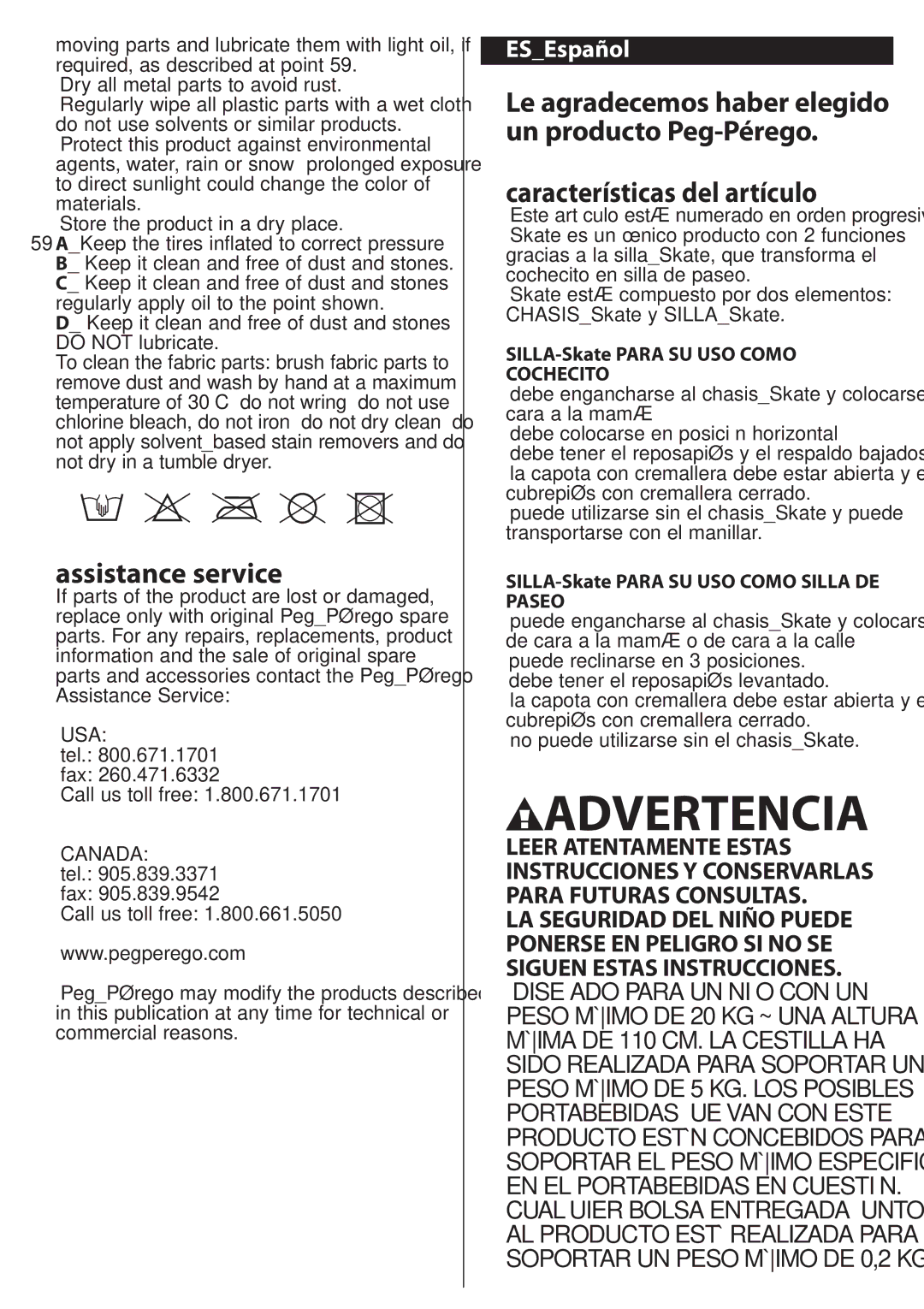 Peg-Perego SKATE manual Assistance service, Características del artículo, Usa, Canada 