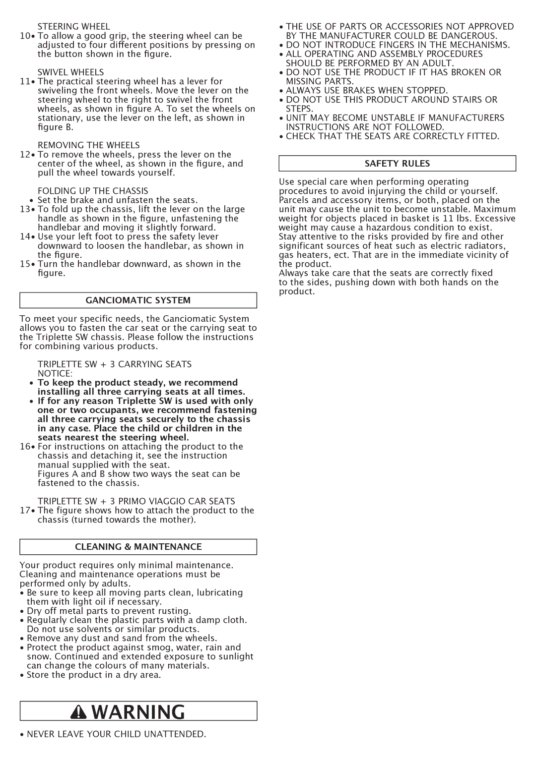 Peg-Perego Triplette SW manual Cleaning & Maintenance, Safety Rules 