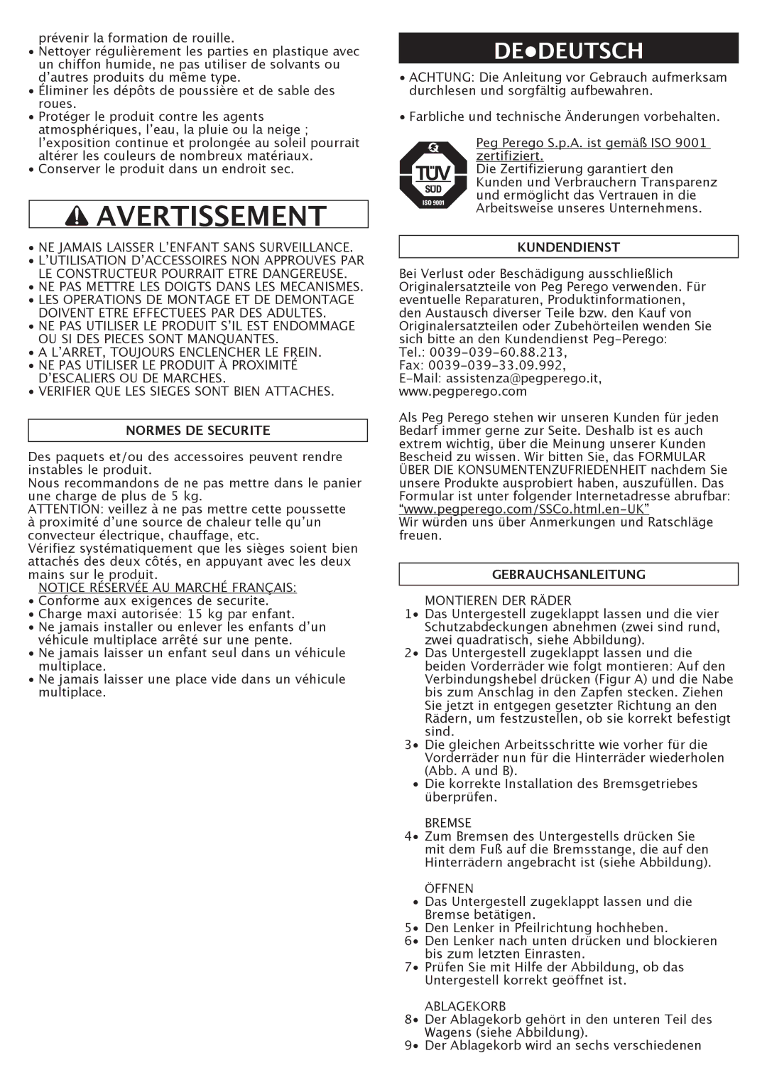 Peg-Perego Triplette SW manual Avertissement, Dedeutsch, Normes DE Securite, Kundendienst, Gebrauchsanleitung 