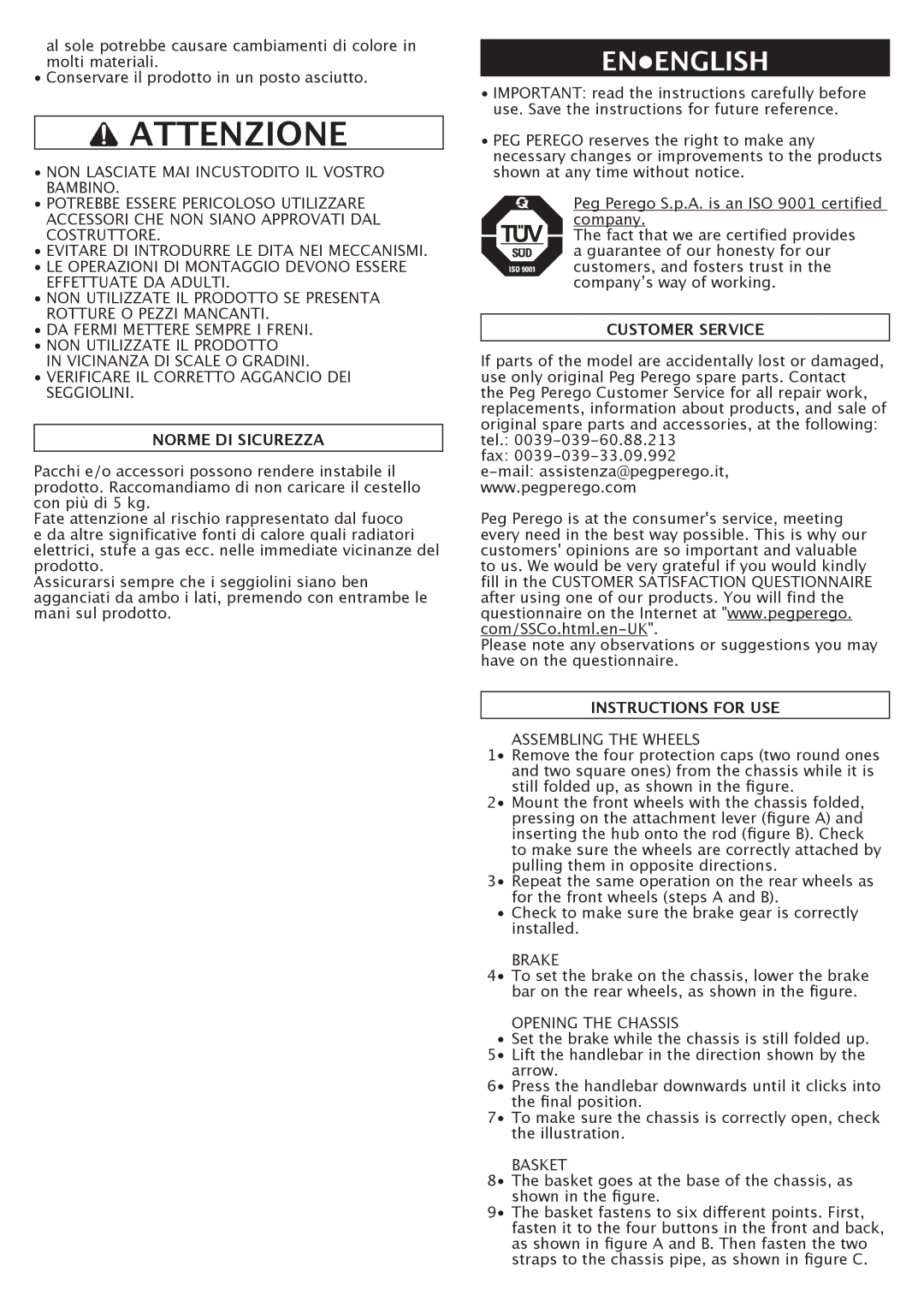 Peg-Perego Triplette SW manual Attenzione, Enenglish, Norme DI Sicurezza, Customer Service, Instructions for USE 