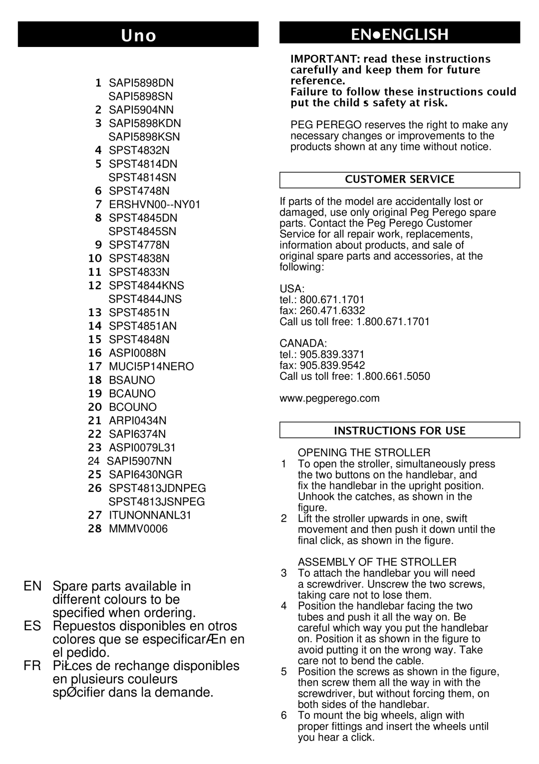 Peg-Perego Uno manual Customer Service, Instructions for USE 