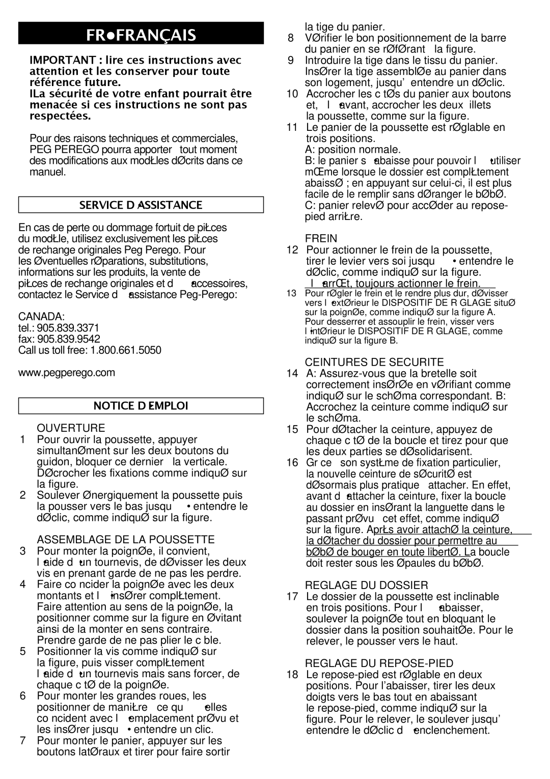 Peg-Perego Uno manual Ouverture, Assemblage DE LA Poussette, Frein, Ceintures DE Securite, Reglage DU Dossier 