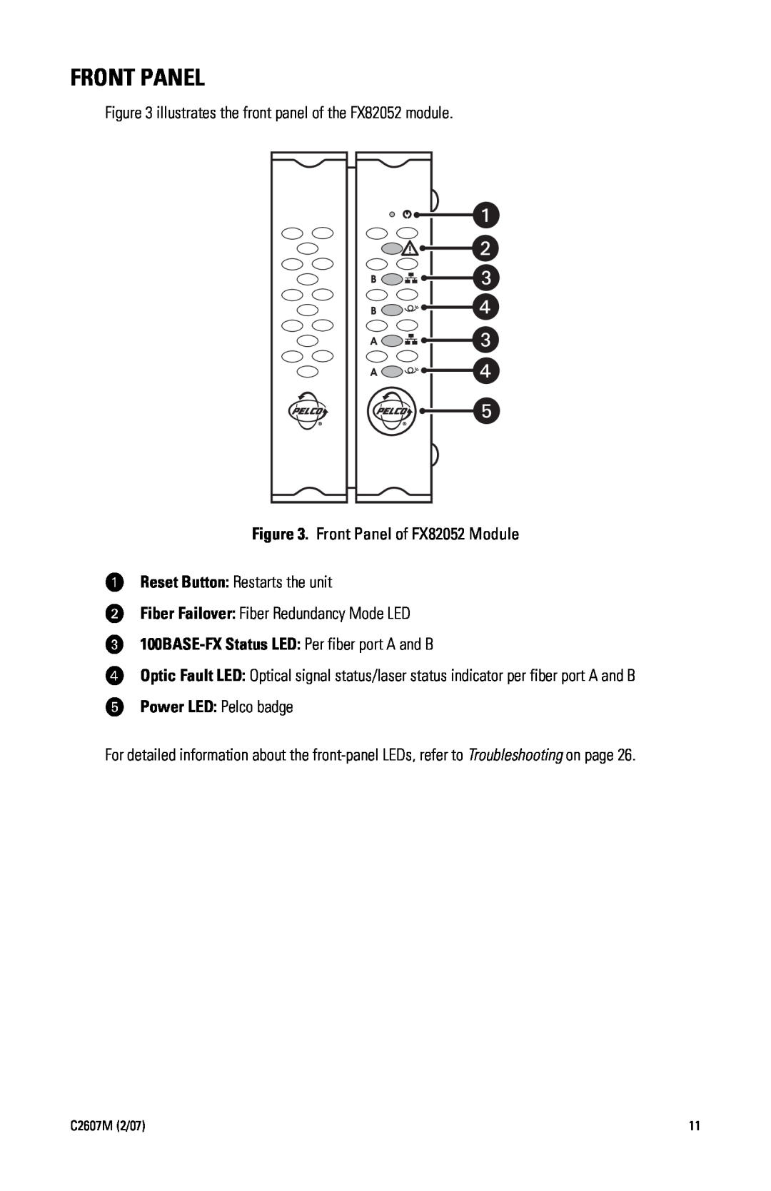 Pelco 100BASE-TX manual Front Panel, ï 100BASE-FX Status LED Per fiber port A and B, ó Power LED Pelco badge 