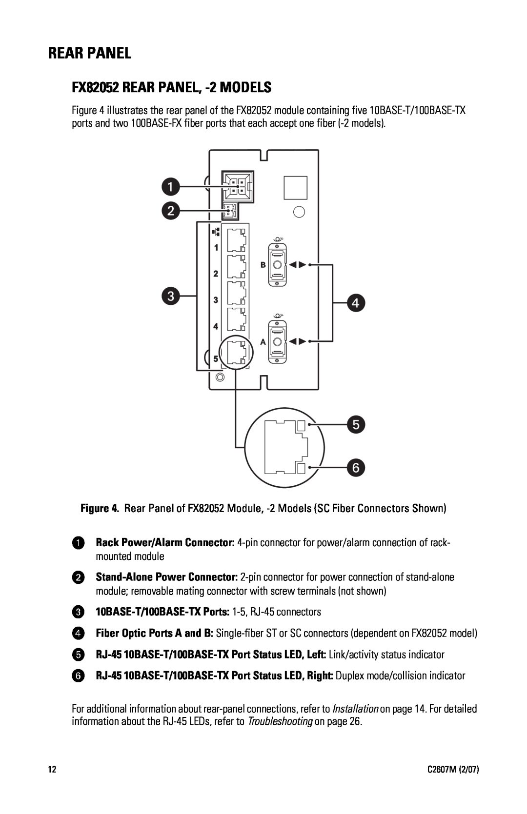 Pelco 100BASE-FX manual Rear Panel, FX82052 REAR PANEL, -2 MODELS, ï 10BASE-T/100BASE-TX Ports 1-5, RJ-45 connectors 