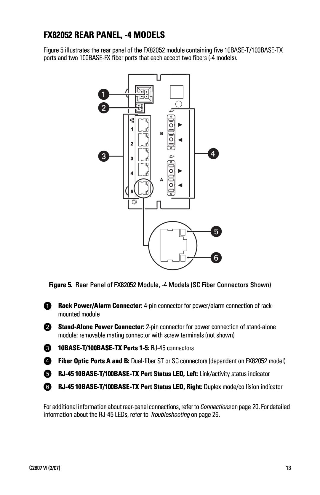 Pelco 100BASE-FX manual FX82052 REAR PANEL, -4 MODELS, ï 10BASE-T/100BASE-TX Ports 1-5 RJ-45 connectors 