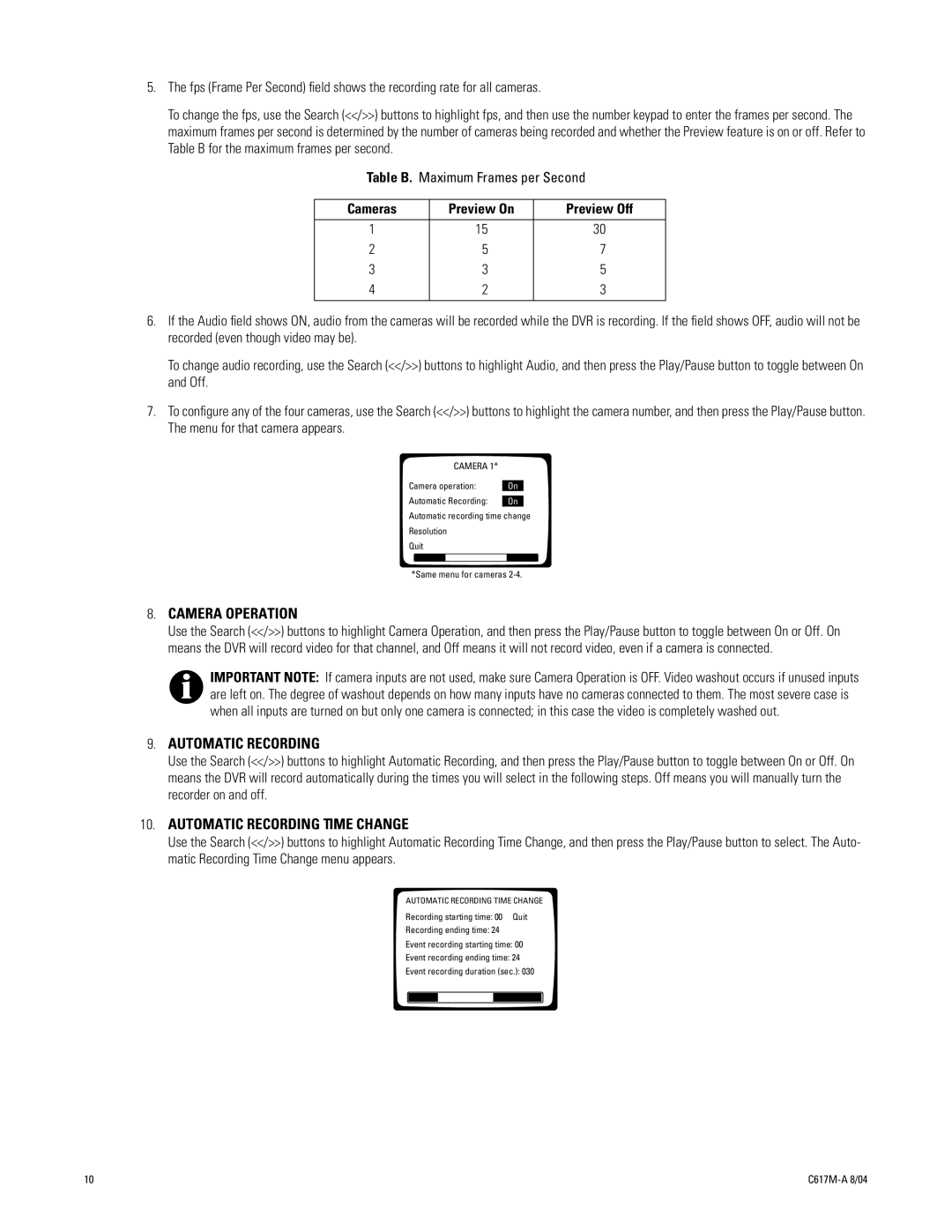 Pelco 1104-080 manual Camera Operation 