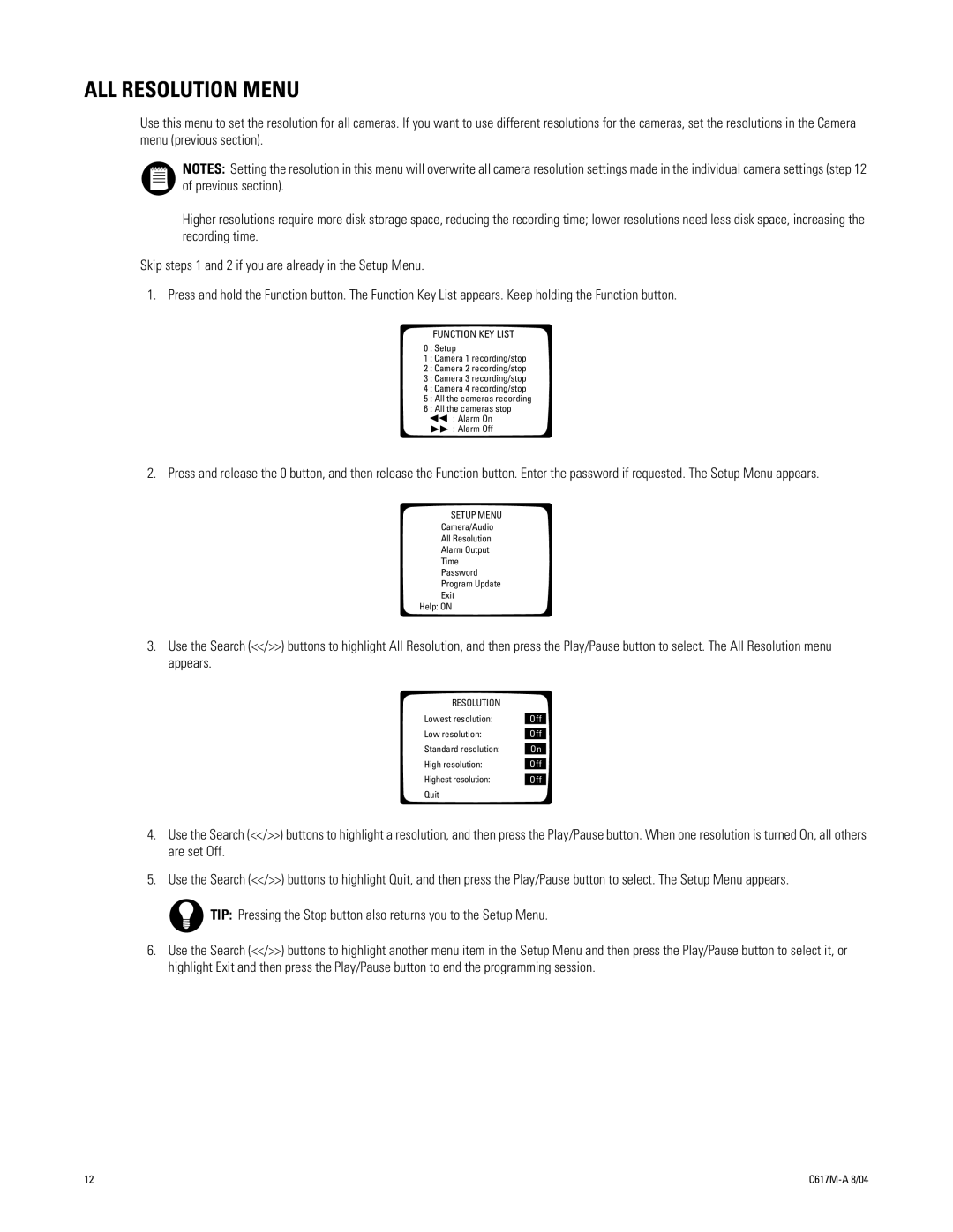 Pelco 1104-080 manual ALL Resolution Menu 