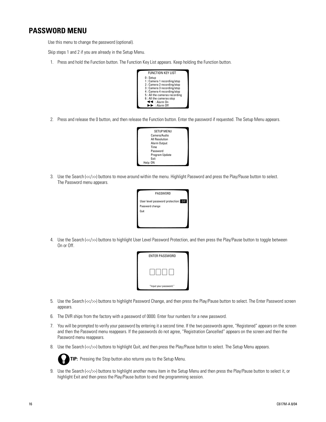 Pelco 1104-080 manual Password Menu 