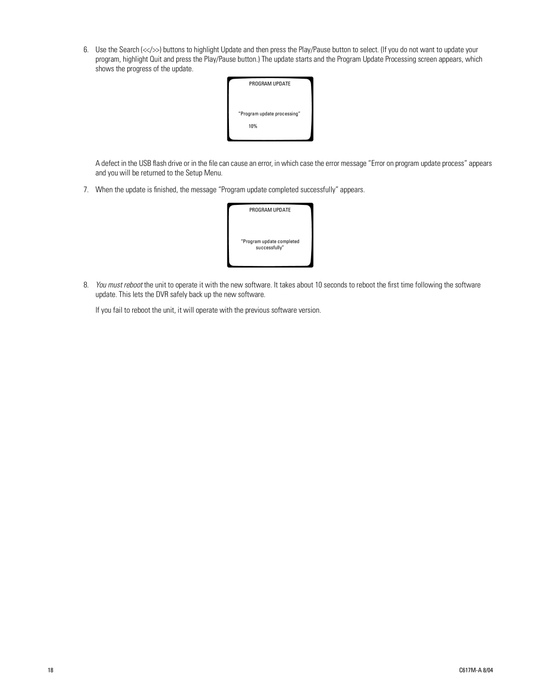 Pelco 1104-080 manual Program update processing 10% 