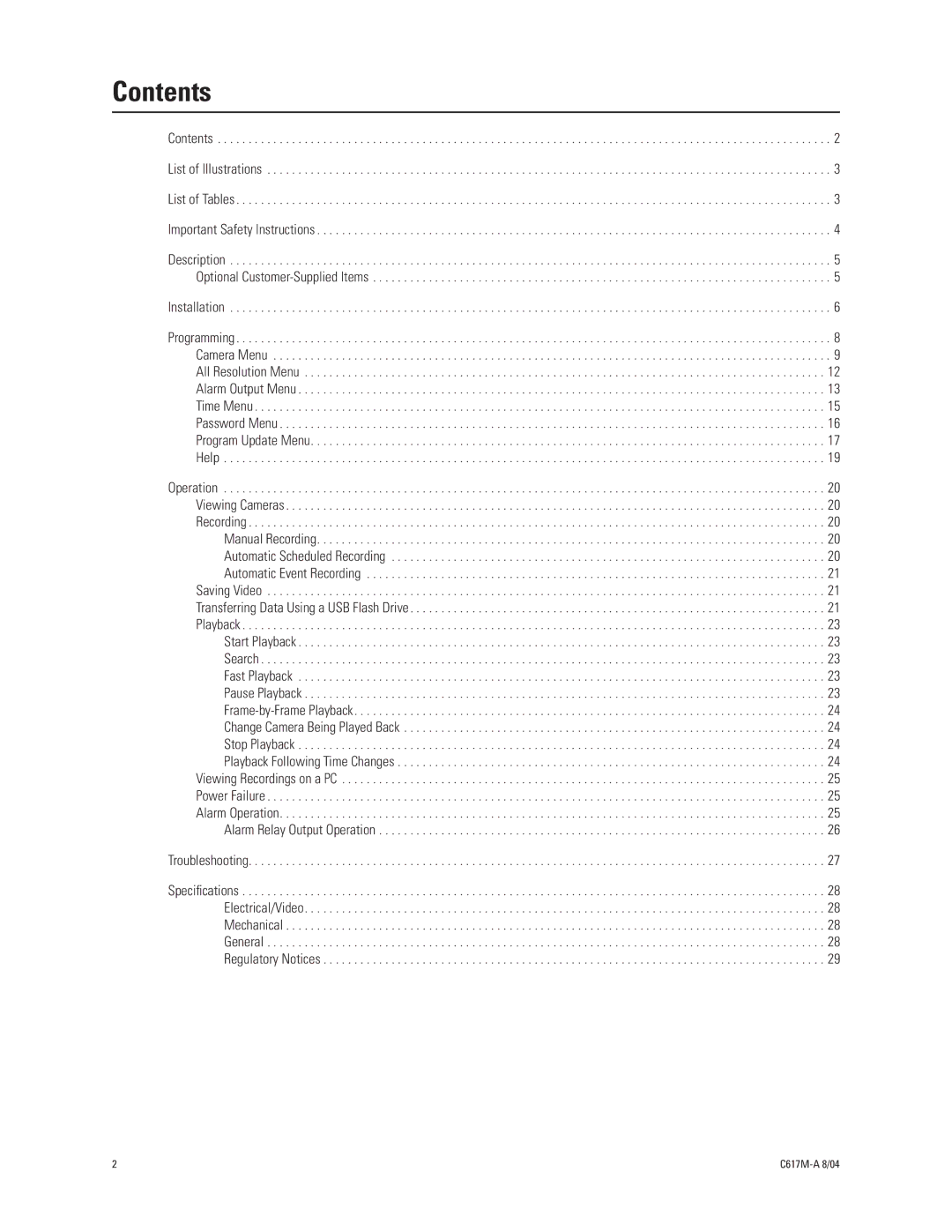 Pelco 1104-080 manual Contents 