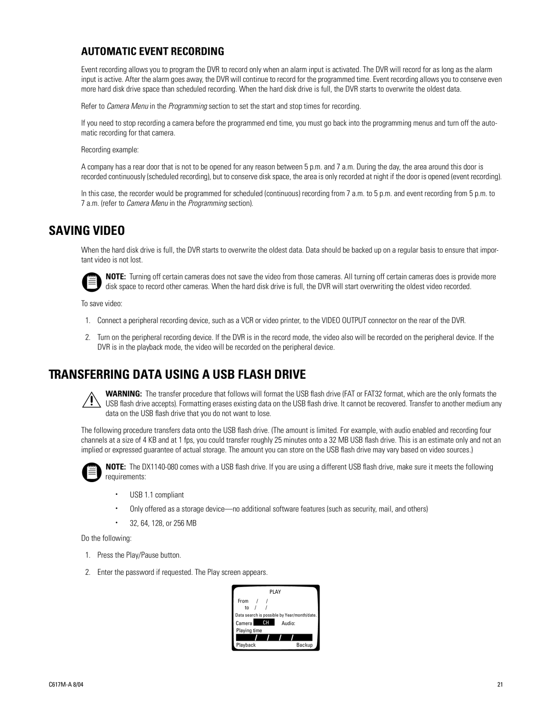 Pelco 1104-080 manual Saving Video, Transferring Data Using a USB Flash Drive, Automatic Event Recording 