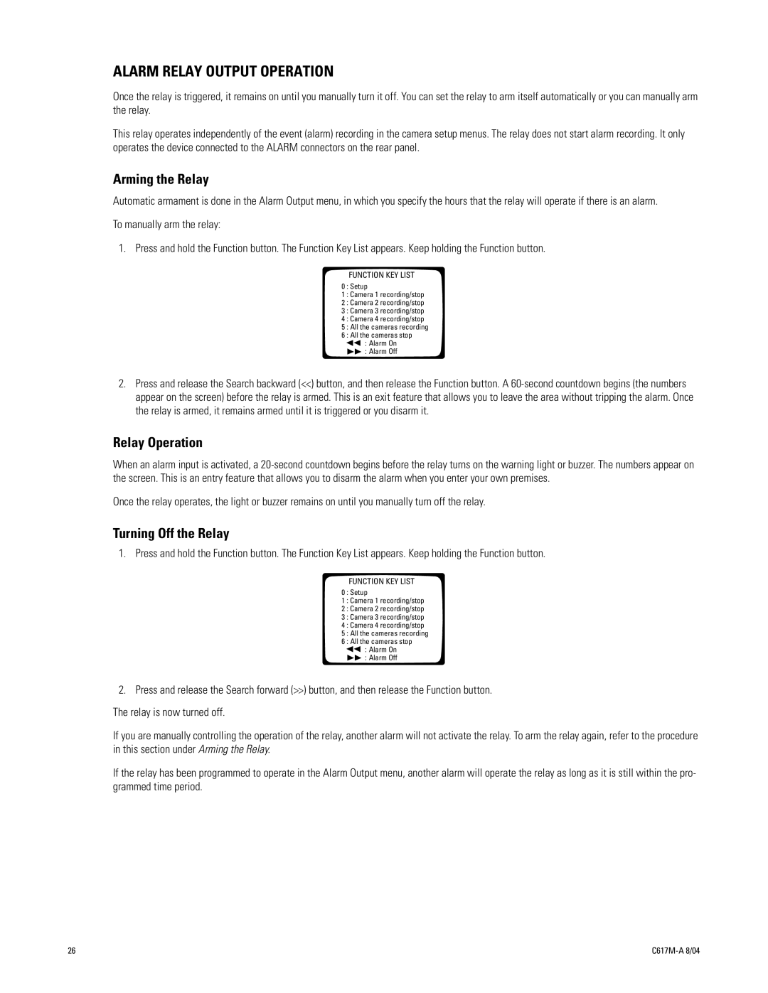Pelco 1104-080 manual Alarm Relay Output Operation, Arming the Relay 
