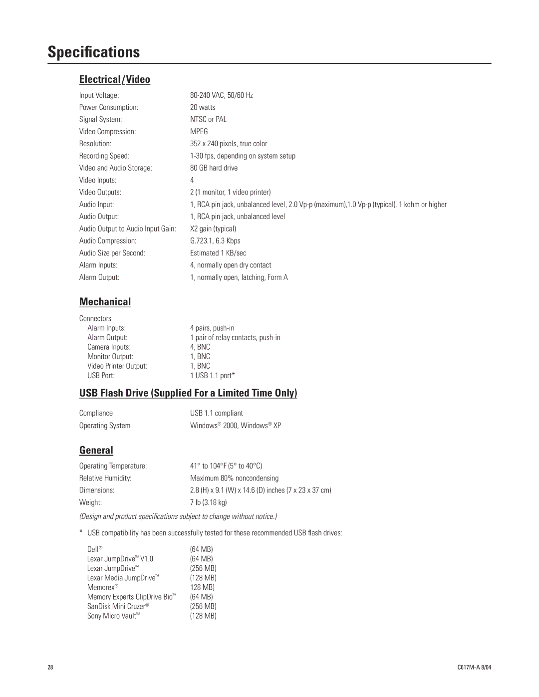 Pelco 1104-080 manual Speciﬁcations, Electrical / Video 