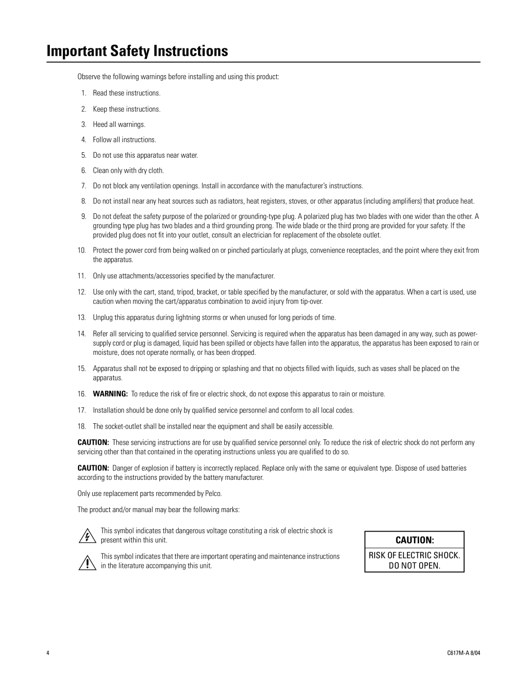 Pelco 1104-080 manual Important Safety Instructions 