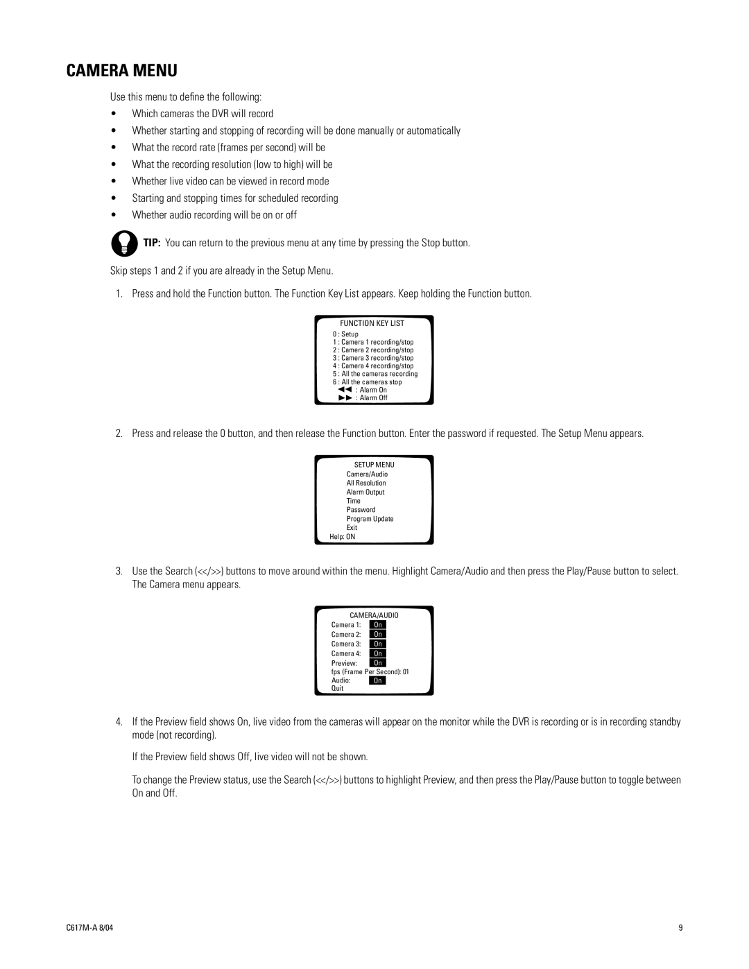 Pelco 1104-080 manual Camera Menu, Function KEY List 