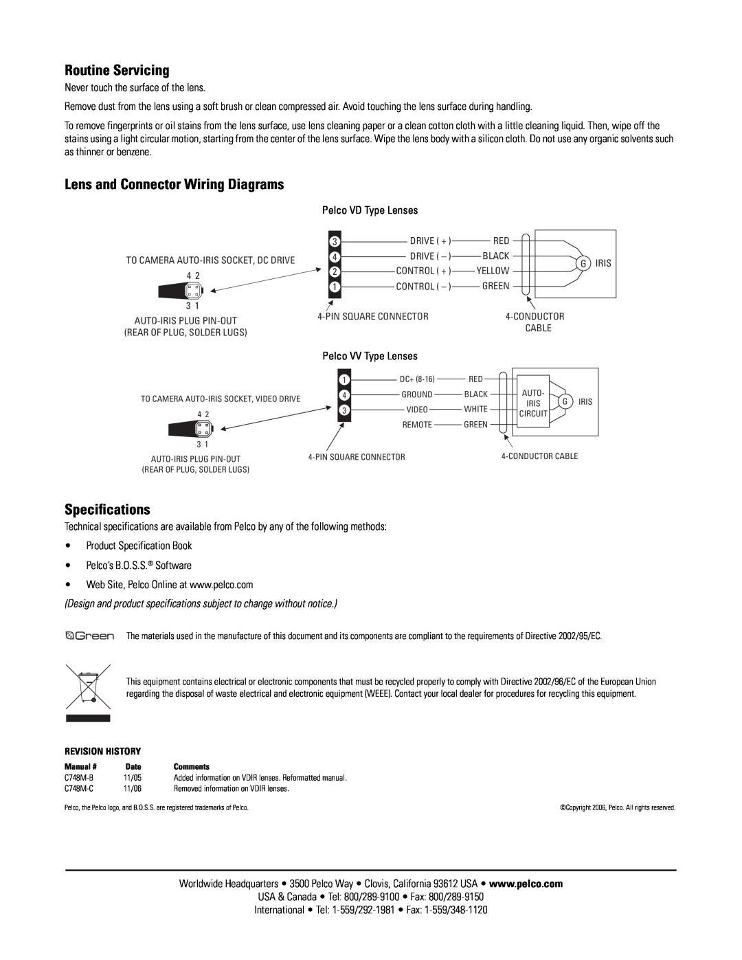 Pelco 13VA5-40, 13VD3.5-8, 13VD5-40, 13VA5.5-82.5 Routine Servicing, Lens and Connector Wiring Diagrams, Specifications 